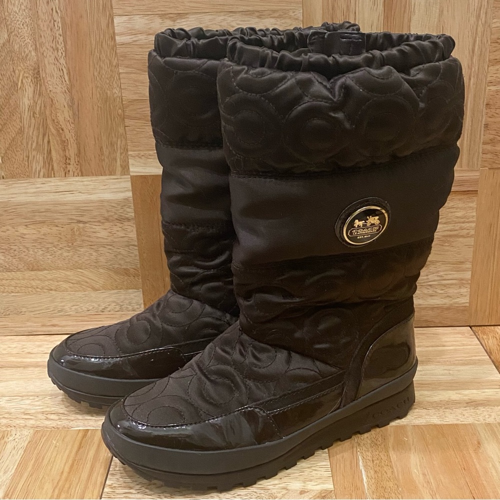 COACH “Drexel” Brown Satin Quilted Winter Boots Size 5.5